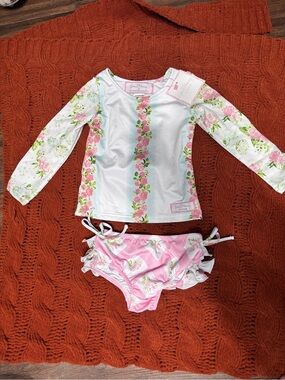 SweetHoney White and Pink Floral Long-Sleeve Rash Guard Bikini Set